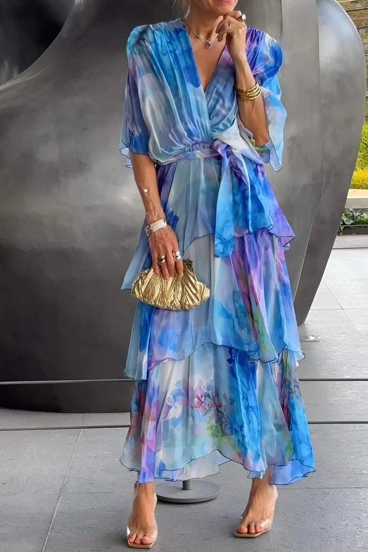 Women's Watercolor Floral Tiered Chiffon Maxi Dress V-Neck