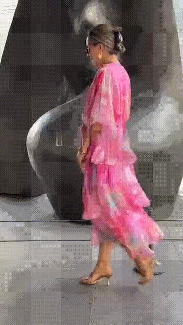 Women's Watercolor Floral Tiered Chiffon Maxi Dress V-Neck