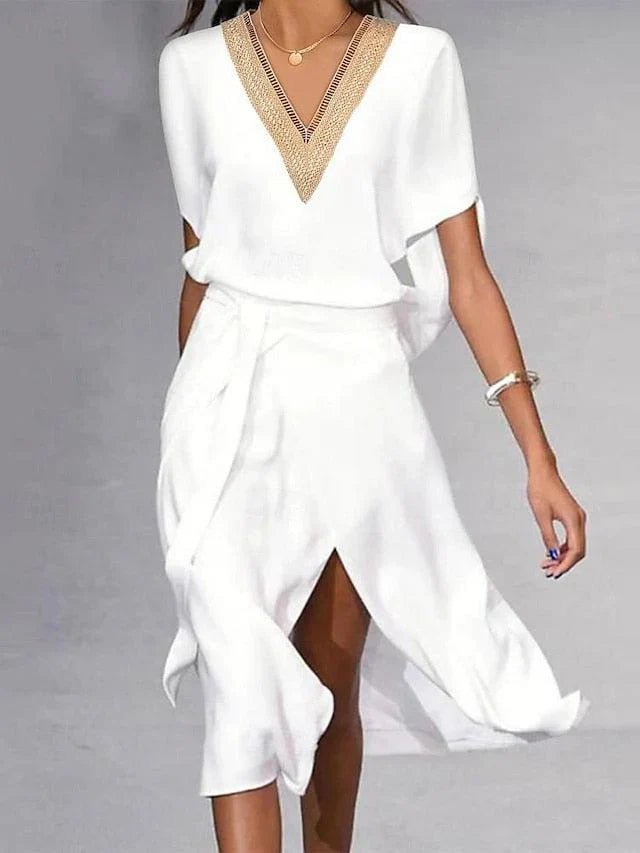 Women's White Gold-Trim V-Neck Batwing-Sleeve Wrap Midi Dress