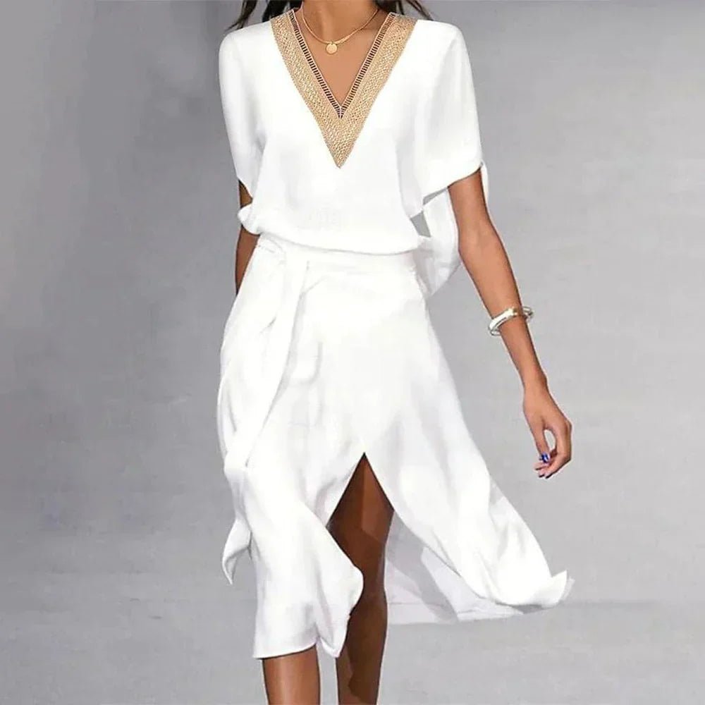 Women's White Gold-Trim V-Neck Batwing-Sleeve Wrap Midi Dress - White