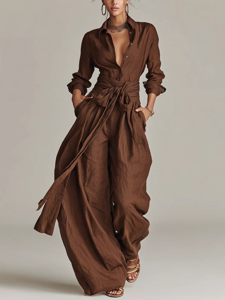 Women's Wide-Leg Cotton-Linen Long-Sleeve Belted Shirt-Collar Jumpsuit - Brown