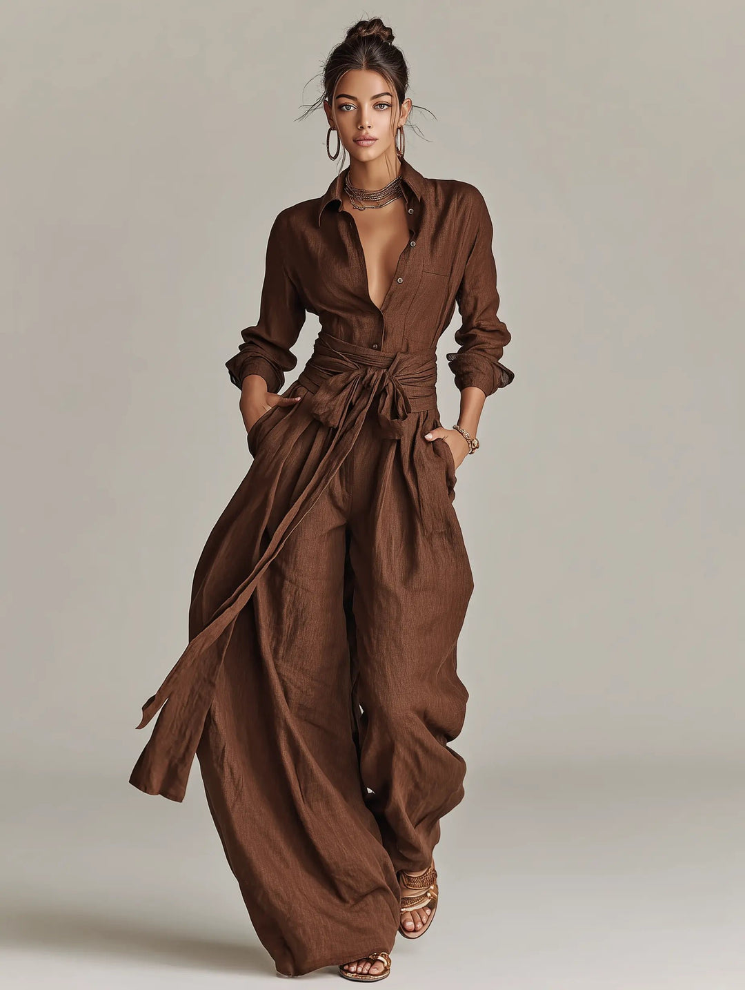 Women's Wide-Leg Cotton-Linen Long-Sleeve Belted Shirt-Collar Jumpsuit