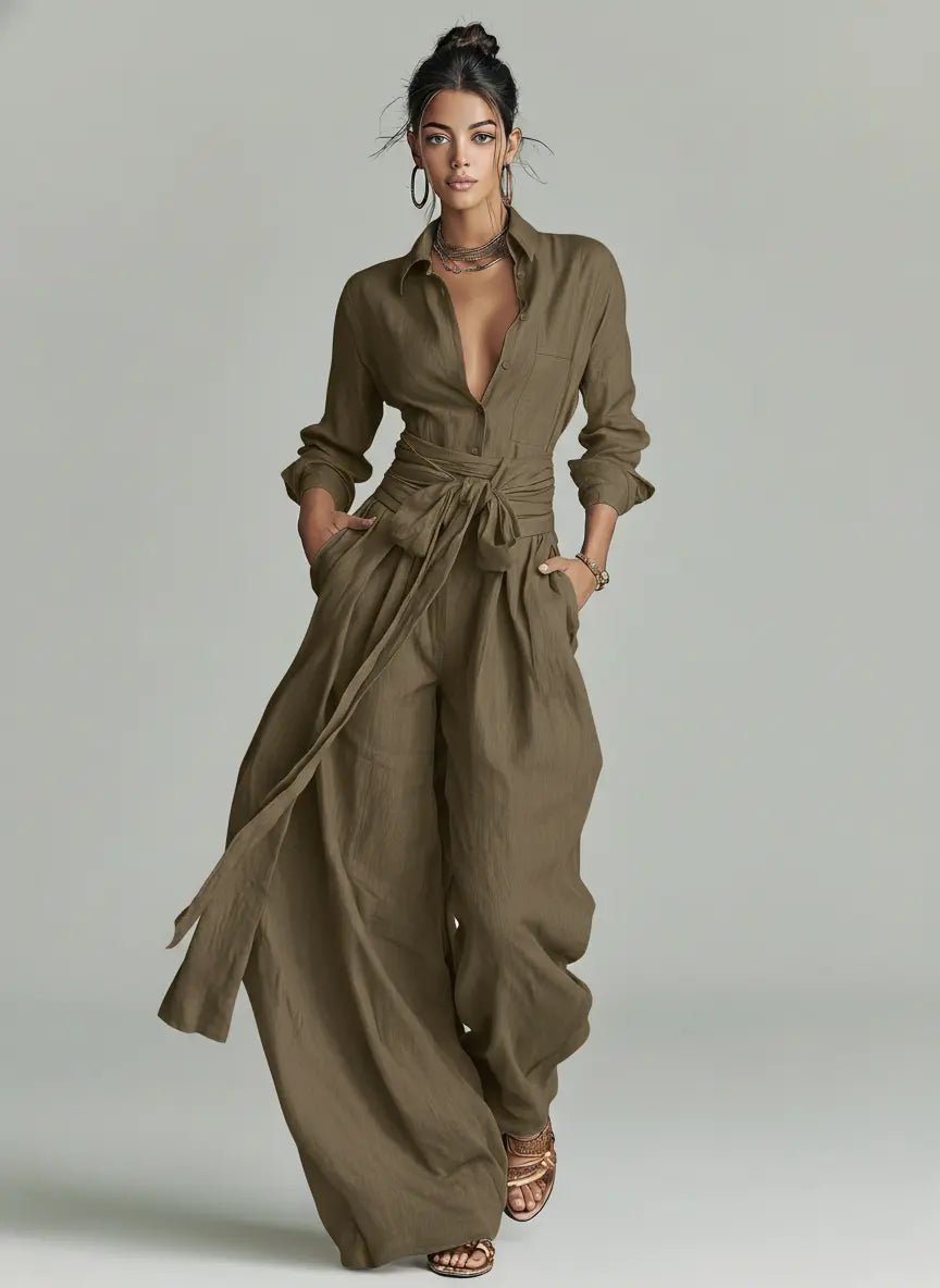Women's Wide-Leg Cotton-Linen Long-Sleeve Belted Shirt-Collar Jumpsuit - Cold Brown