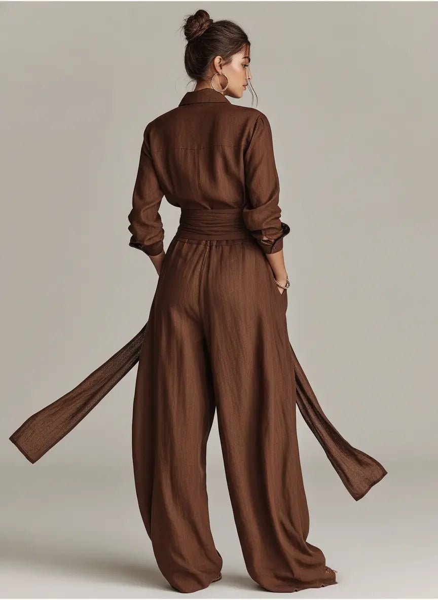 Women's Wide-Leg Cotton-Linen Long-Sleeve Belted Shirt-Collar Jumpsuit