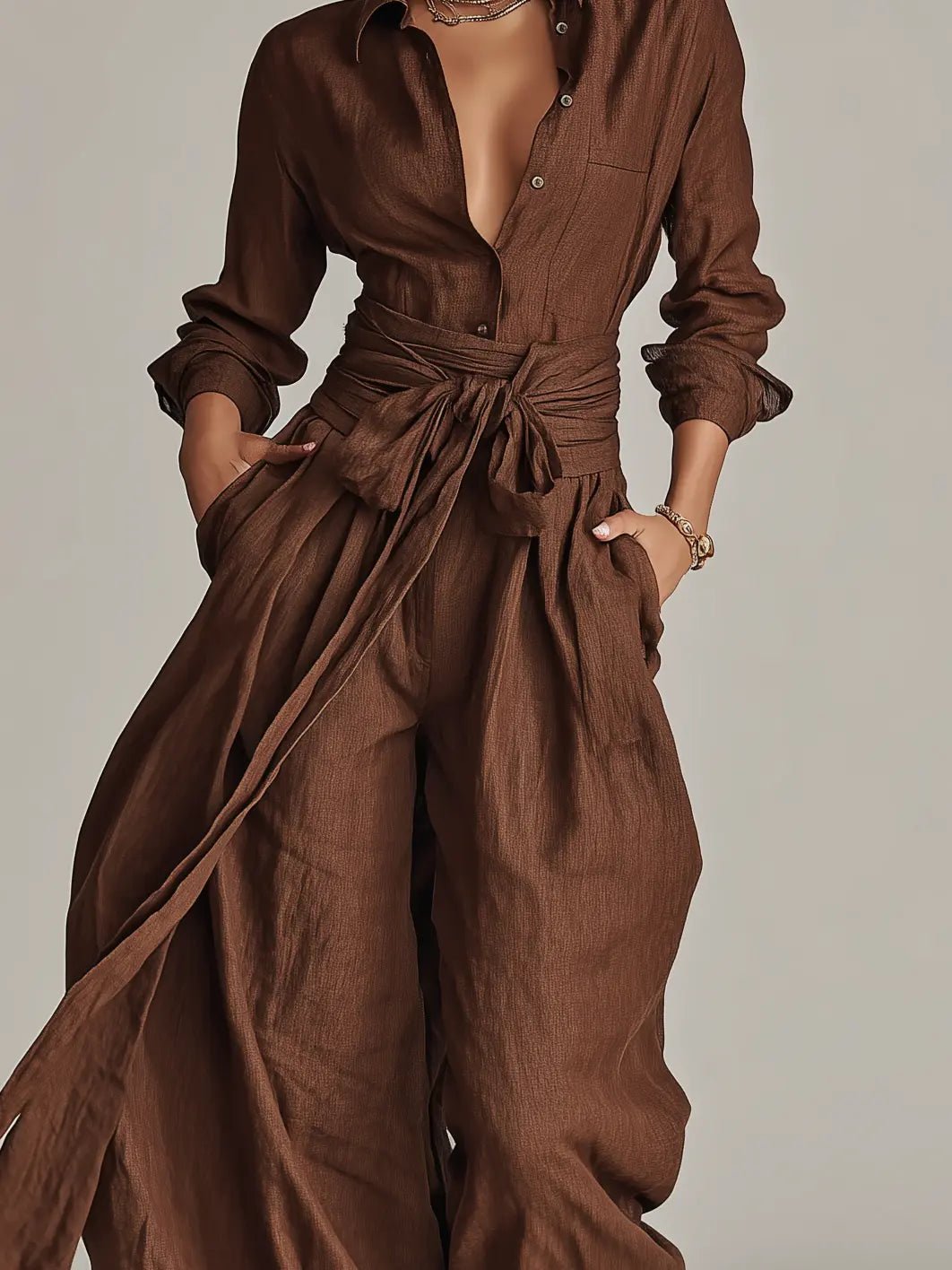 Women's Wide-Leg Cotton-Linen Long-Sleeve Belted Shirt-Collar Jumpsuit