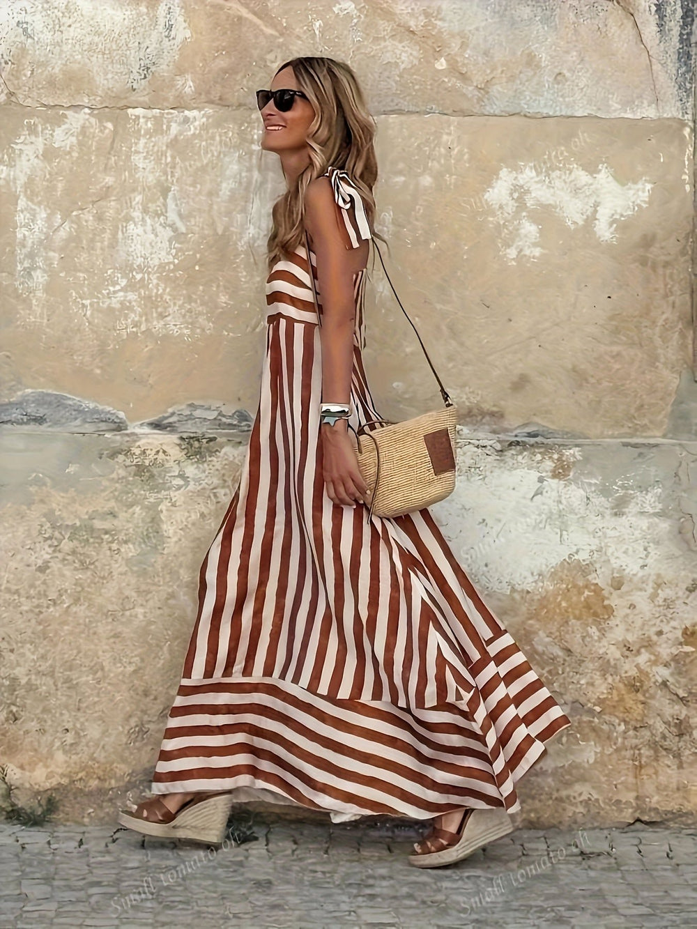 Women's Wide-Stripe Tie-Strap Flared Maxi Dress