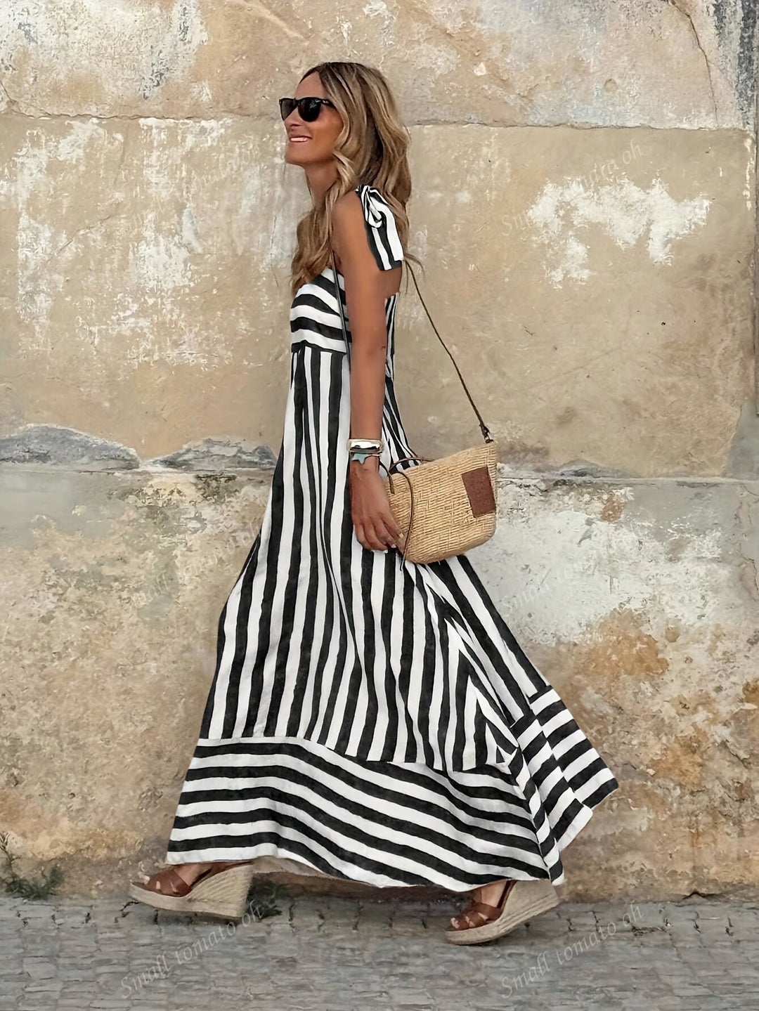 Women's Wide-Stripe Tie-Strap Flared Maxi Dress