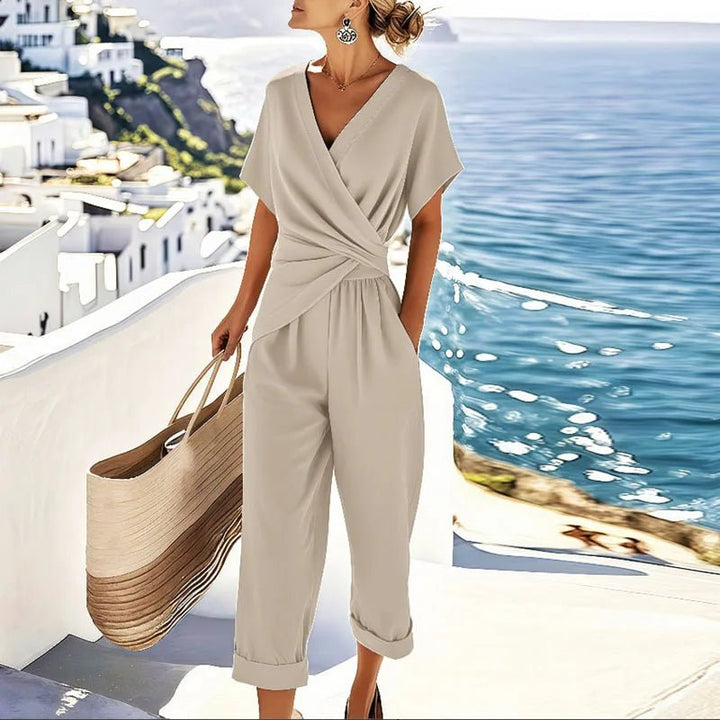 Women's Wrap-Front V-Neck Short Sleeve Relaxed Jumpsuit - Apricot
