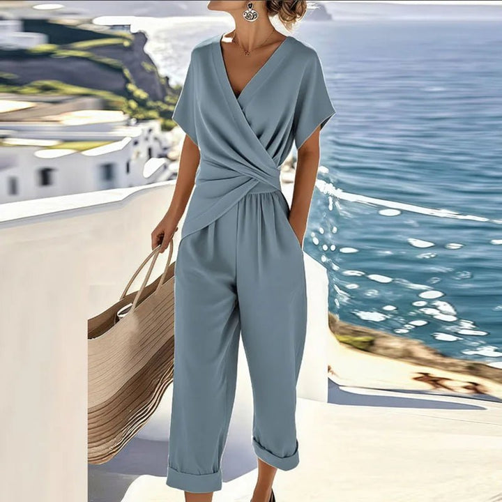 Women's Wrap-Front V-Neck Short Sleeve Relaxed Jumpsuit - Blue